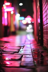 Poster - Vibrant neon reflections on a wet cobblestone street in a lively urban environment at night : Generative AI