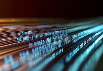 Fototapete - Close up view of glowing blue binary code flowing through a dynamic digital landscape : Generative AI