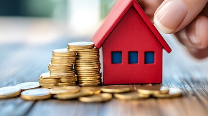 Aufkleber - Concept of real estate investment with a miniature house and stacks of coins representing wealth : Generative AI