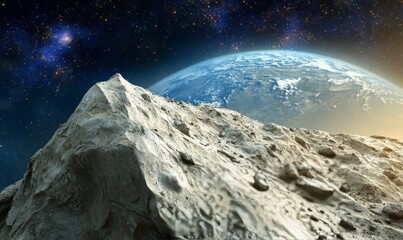 Wall Mural - a view of earth from the surface of a rocky asteroid, highlighting the stark contrast between the ro