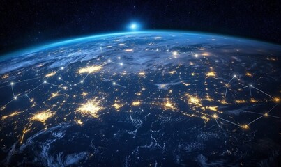 Poster - communication technology, global internet network over earth.