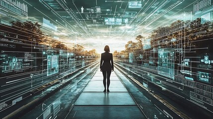Fototapete - A woman stands on deserted tracks surrounded by flowing digital information depicting the intersection of technology and nature : Generative AI