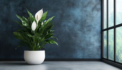 Wall Mural - Elegant peace lily in modern pot against dark blue wall in sunlit room