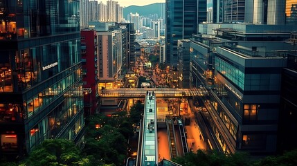 Poster - Overhead view of a lively urban environment filled with glowing lights and a maze of buildings and walkways : Generative AI