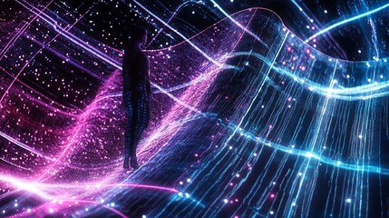Poster - Stunning visual of a silhouette standing amidst vivid streams of lights in pink and blue hues creating a surreal atmosphere : Generative AI