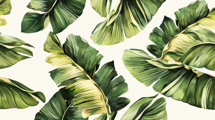 Wall Mural - Lush green tropical leaves create vibrant and fresh pattern, perfect for adding touch of nature to any design. detailed textures and shades enhance overall aesthetic