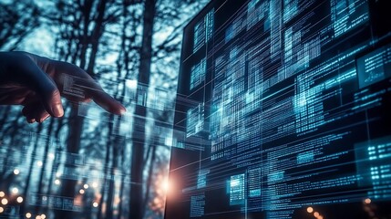 Fototapete - Hand interacting with a futuristic holographic digital display in a serene nature setting with trees : Generative AI