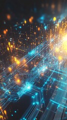 Fototapete - Futuristic digital landscape with glowing circuit patterns and vibrant data flow in electric blue and orange tones : Generative AI