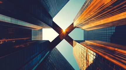 Poster - Stunning sunrise view between skyscrapers showcasing architectural beauty and dramatic lighting in urban landscapes : Generative AI