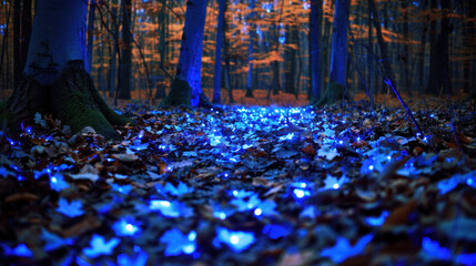 Wall Mural - serene forest scene with glowing blue lights illuminating fallen leaves, creating magical atmosphere among trees. vibrant autumn foliage adds to enchanting beauty