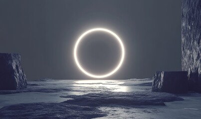 Wall Mural - An abstract glowing frame with neon rings, a mystical energy portal with a bottom hole, a solar eclipse, and a futuristic backdrop with round white lights against a gray backdrop.