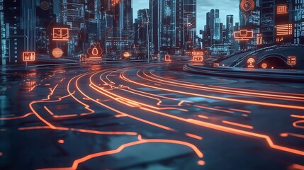 Poster - Visually striking abstract design with illuminated pathways and futuristic technology elements in a city : Generative AI