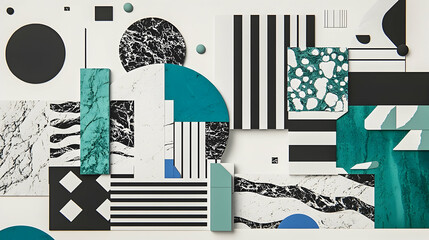 Abstract geometric shapes composition with teal and black, featuring marble and stripes.  Background displays layered patterns. Possible use for design inspiration
