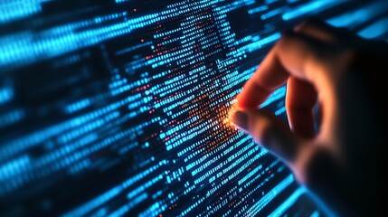 Fototapete - Close up view of a hand selecting data points on a glowing digital interface represented with blue light : Generative AI