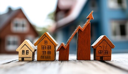 Aufkleber - Wooden house models showcasing increasing market trends represented by an upward arrow graph : Generative AI