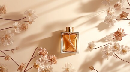 Aufkleber - Chic and Modern Perfume Bottle Artistically Placed Among Soft Floral Accents for Visual Appeal : Generative AI