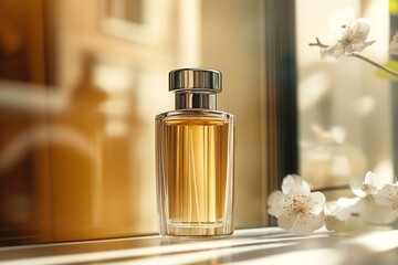 Poster - Chic glass perfume bottle showcased by blooming flowers in bright and elegant indoor space : Generative AI