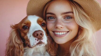 Poster - Woman, dog, pink background, summer hat, joyful