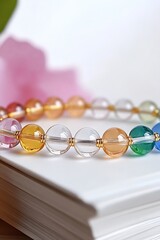 Poster - Artful display of colorful beads arranged on a white surface surrounded by soft textures : Generative AI