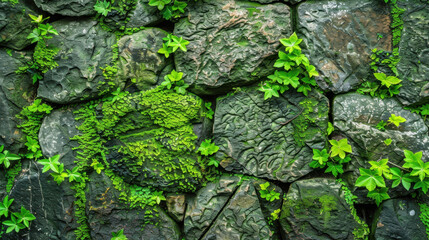 Poster - Lush green vines and moss cover textured stone wall, creating vibrant natural scene. interplay of stone and greenery evokes sense of tranquility and harmony