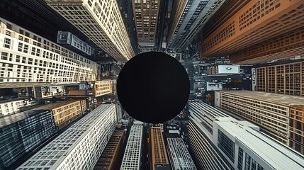 Poster - Aerial view of city skyline featuring a black circle contrasting with surrounding skyscrapers and streets : Generative AI