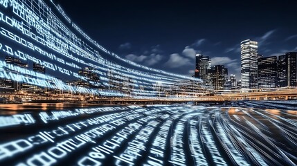 Fototapete - City Skyline with Glowing Binary Code Overlaid in a Night Scene : Generative AI