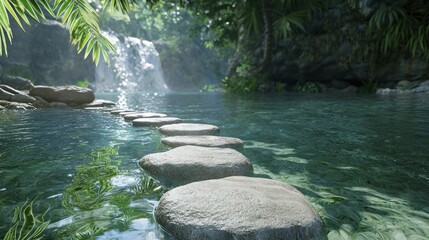 Poster - Calming saltwater therapy with cascading waterfalls, smooth stones underfoot, and warm sunlight filtering through palm leaves, enhancing a peaceful ambiance.