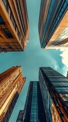 Poster - Unique Vertical View of Skyscrapers Towering Overhead Under a Bright Blue Sky and Soft Clouds : Generative AI