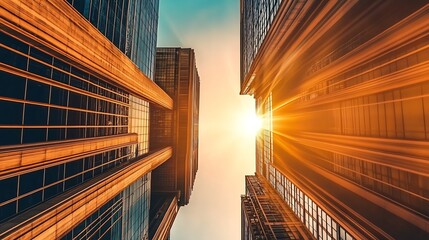 Poster - Breathtaking perspective of towering buildings illuminated by the golden rays of the sun in an urban setting : Generative AI