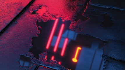 Fototapete - Abstract closeup of a weathered pavement with neon lighting creating bright reflections : Generative AI