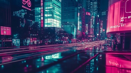 Poster - Vibrant city lights at night showcasing urban landscapes and bright neon signage in a bustling metropolis : Generative AI