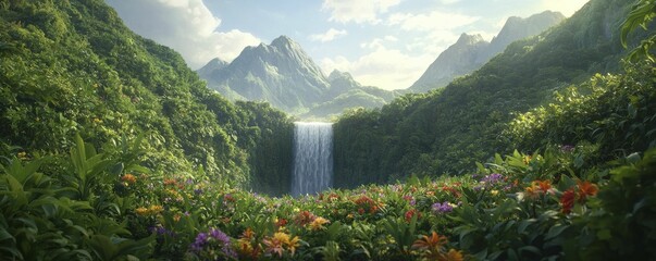 Sticker - Secret waterfall retreat embraced by vibrant flowers and lush foliage, glimmering water under sunlight, tranquil ambiance.