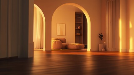 Wall Mural - Modern interior of a brightly lit living room with wooden flooring, white walls and decorative items.