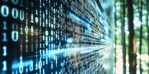 Aufkleber - Binary Code Blending with Natural Elements in a Surreal Scene Illustrating the Intersection of Nature and Technology : Generative AI