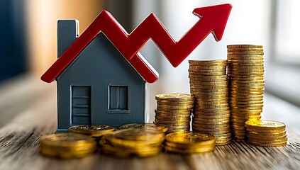 Aufkleber - Real estate investment concept with rising arrow and gold coins representing wealth growth : Generative AI