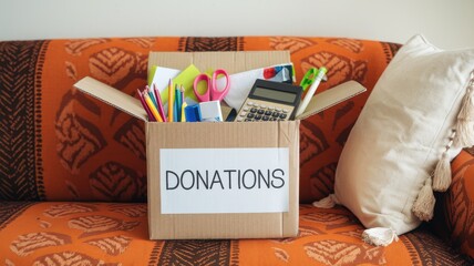 Box full of school supplies labeled donations on a sofa