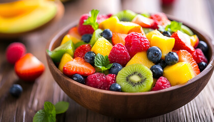 Wall Mural - Fruit salad on wooden table, close up horizontal