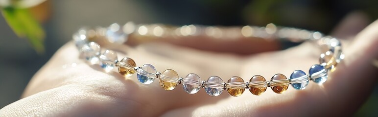 Poster - Stunning handcrafted gemstone bracelet beautifully displayed on a hand sparkling in sunlight : Generative AI