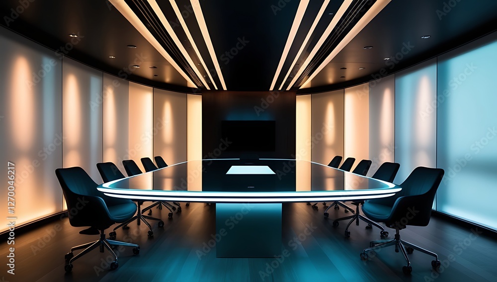 Futuristic boardroom with illuminated floating table and dramatic ...