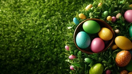 Easter eggs in rustic wooden basket decorated with spring flowers and green foliage on blurred grass background with copy space. Holiday decorations for Easter celebration. Flat lay, top view