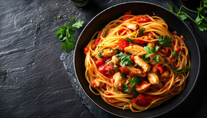 Wall Mural - Spaghetti pasta in tomato sauce with chicken,  parsley in pan. Chicken spaghetti pasta over black stone background with copy space, italian food