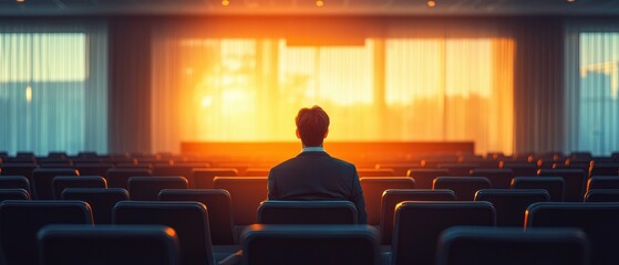 Wall Mural - Hyper-realistic image of a business consultant reflecting in an empty conference room during a glowing sunset