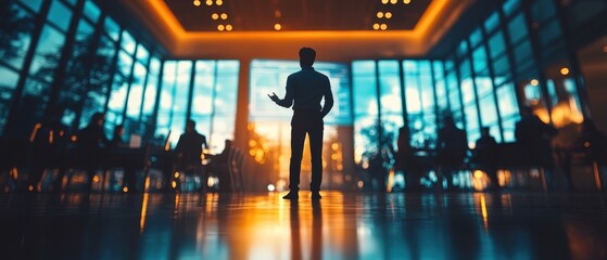 Wall Mural - Hyper-Realistic Office Setting with Manager in Silhouette Surrounded by Colleagues in a Modern Workspace