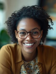 Wall Mural - African-American woman with glasses, curly hair and a bright smile in a modern setting.