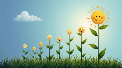 a row of smiling flower faces in green grass grow taller from left to right against a clear blue sky