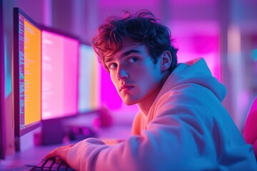 vibrant coder focuses on debugging pastel colored code in a modern workspace