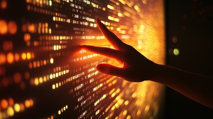 Digital Hand Touching Glowing Orange Binary Code Data Stream Abstract Technology Background Futuristic Interface Network Digital World Innovation     