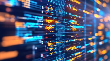 Software development and coding technology background with matrix-style glowing data grids.