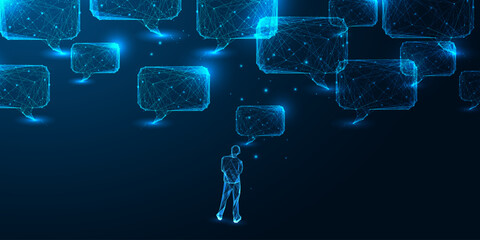 Futuristic Communication Network Concept with man surrounded by Speech Bubbles Vector Illustration