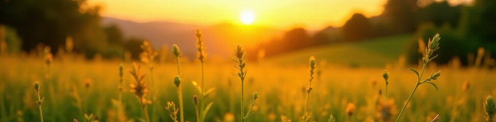 Poster - Golden hour light bathes lush meadow, blurred sunset , bokeh, dreamy